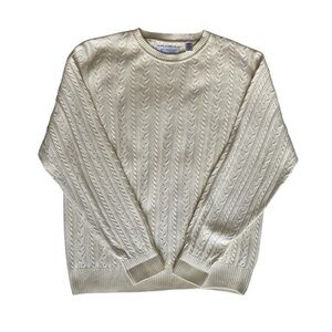 Alex Cannon 100% Cotton Cable Knit Crew Neck Cream Sweater Size M Preppy